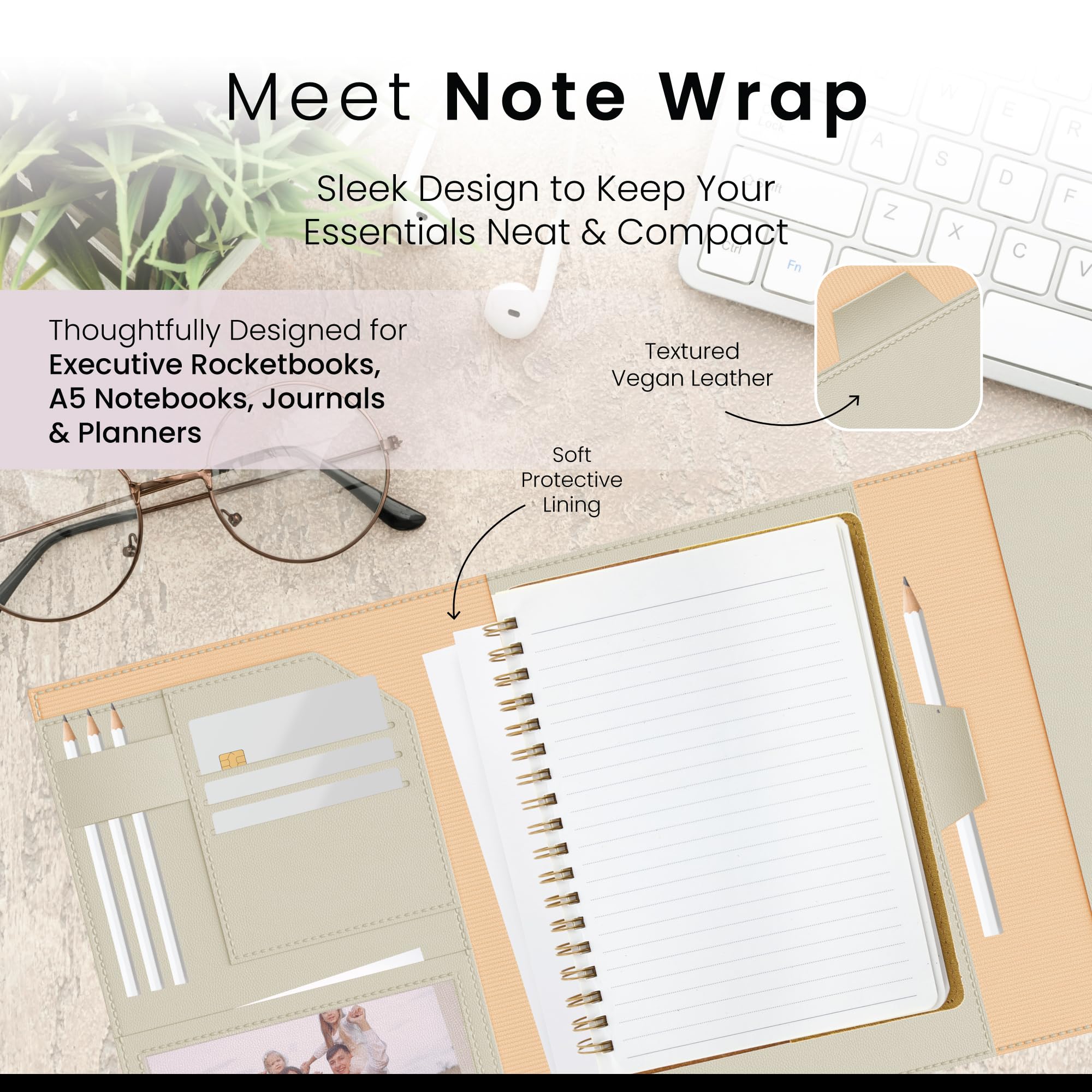 A5 Notebook Cover for Rocketbook Planner & Journal, Slim Vegan Leather Folio with Pen Loop, Card Slots & Pockets - Image 2