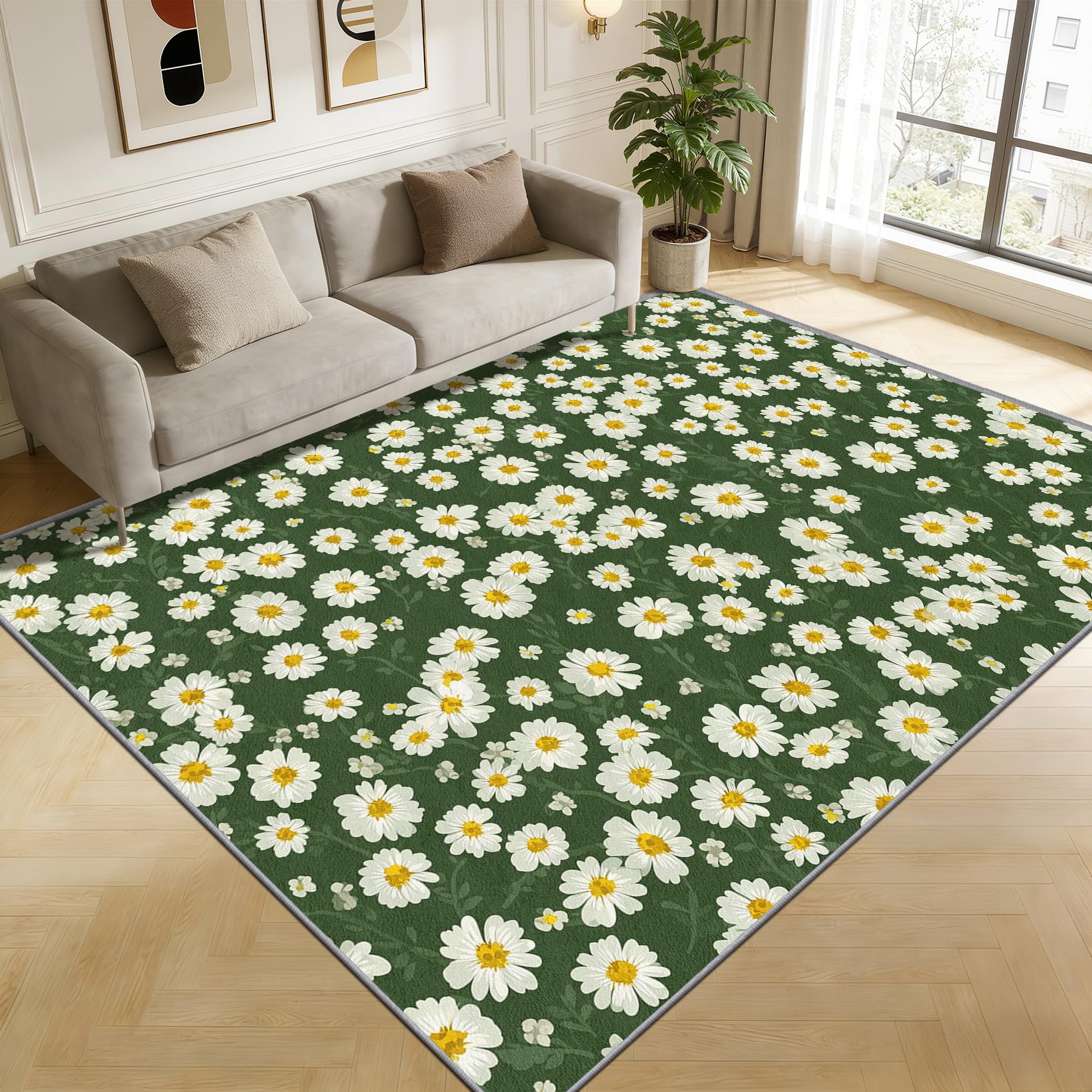 TerroVee Daisy Area Rugs for Living Room 120x180 - Floral Botanical Rug for Bedroom, Garden Flower Non Slip Washable Short Pile Carpet, Daisy House Decor