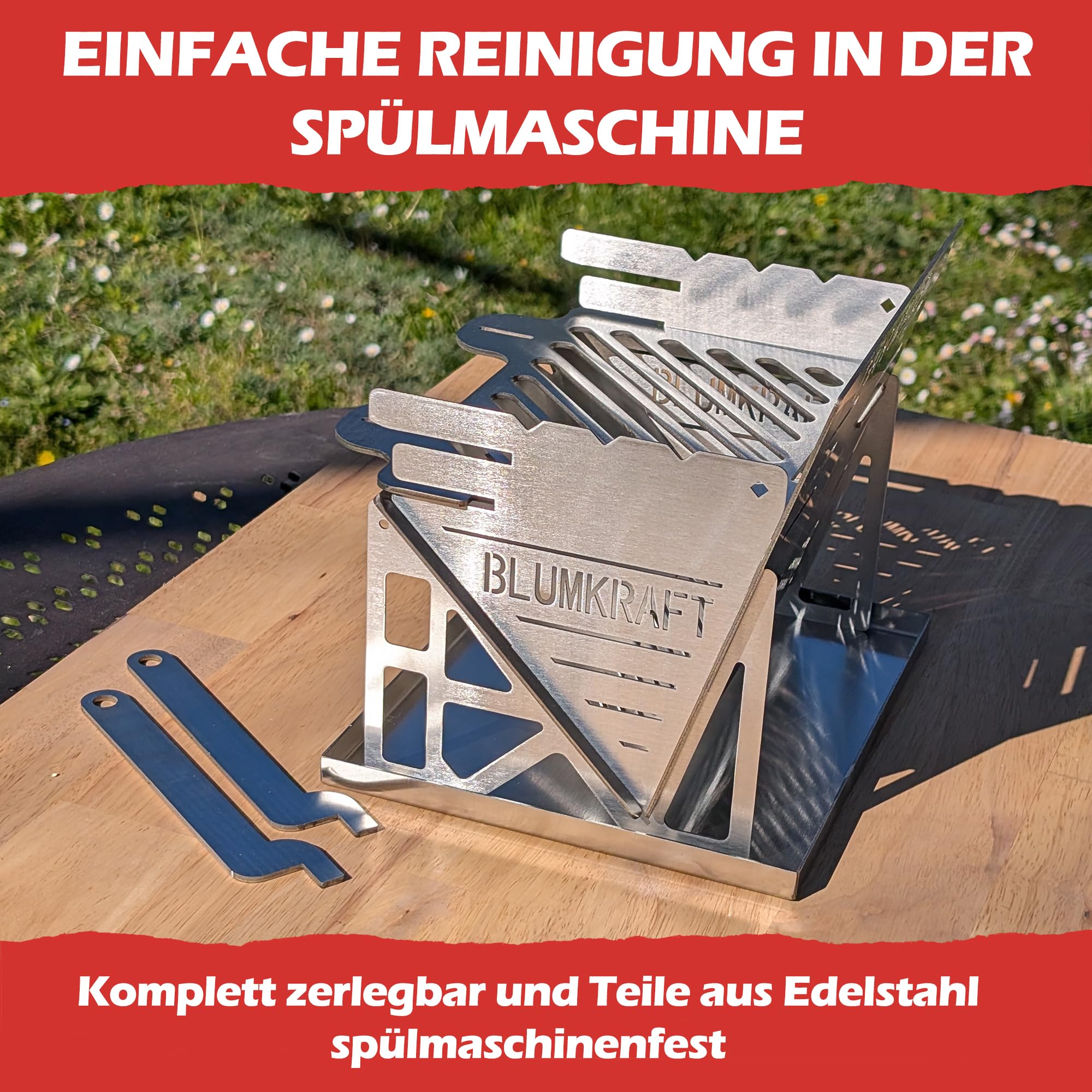 Faltbarer tragbarer Grill aus Edelstahl - ultrakompakter Holzkohlegrill - abnehmbar, Camping, Wandern, Van Life - kleiner Edelstahlgrill für 1 oder 2 Personen