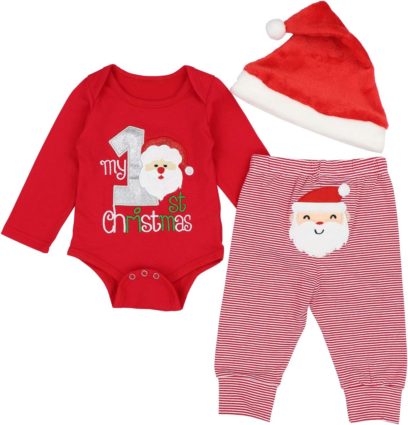 DONWEN Christmas Newborn Infant Baby Boys Clothes My 1st Christmas Rompers Bodysuit Santa Claus Pants with Christmas Hat