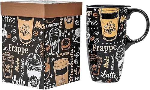 Voltogar Taza de café de viaje de cerámica con tapa, regalo para el hogar y la oficina, taza de té alta de porcelana de 17 onzas con asa, patrón de