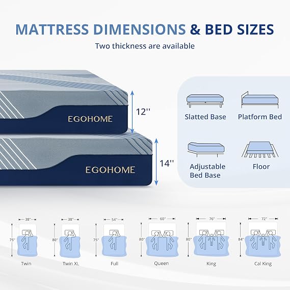 EGOHOME 12 Inch Queen Size Mattress in a Box, Copper Gel Memory Foam for Cool Sleep & Pressure Relief, Fiberglass-Free, Medium Feel, CertiPUR-US Certified, 80 L x 60 W