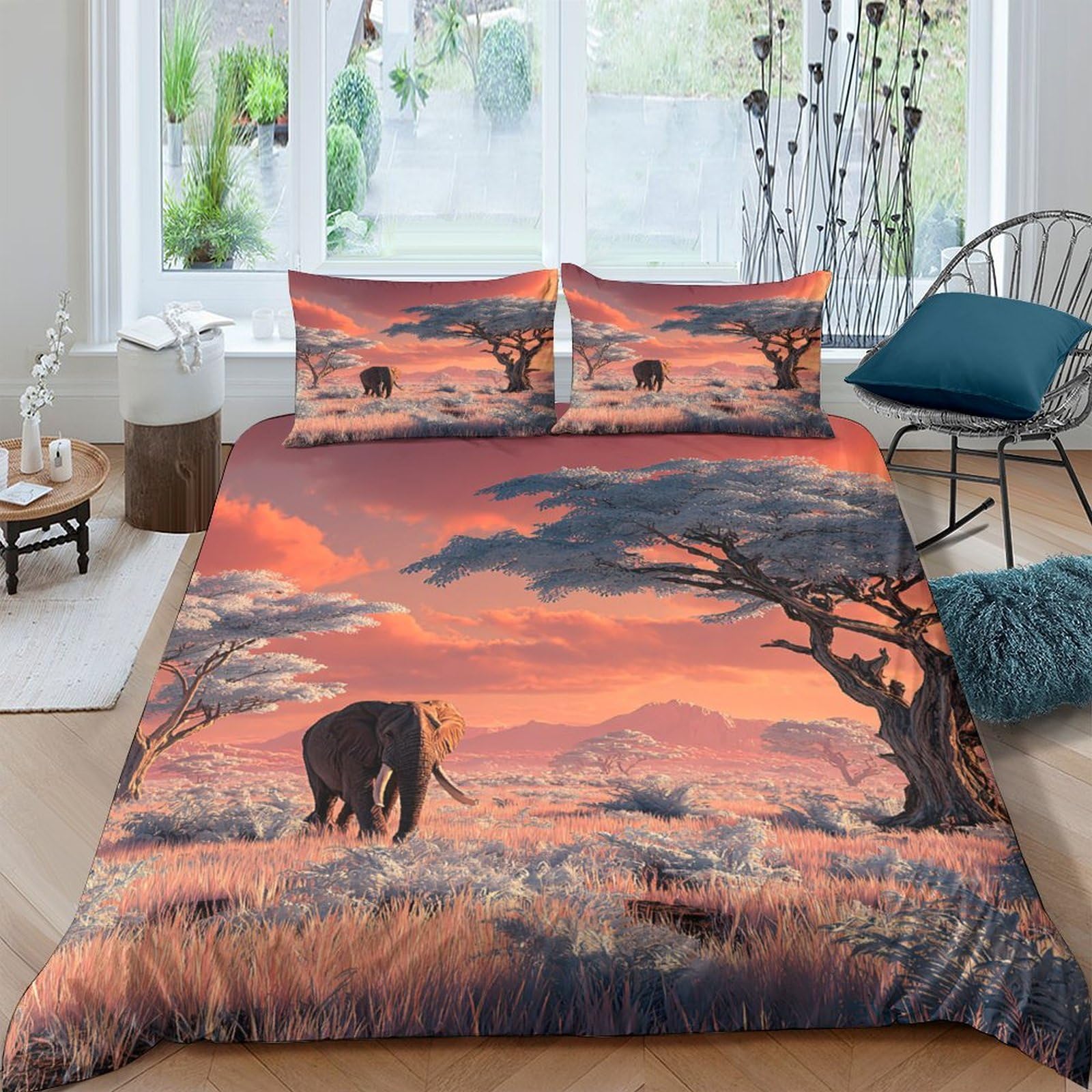 Ctjqhvkz Style-1 3D Printed African Sunset Elephant Fitted Sheet Microfiber Soft Breathable Savannah Tree Mattress Cover Bedroom Decor Single（135X200cm）