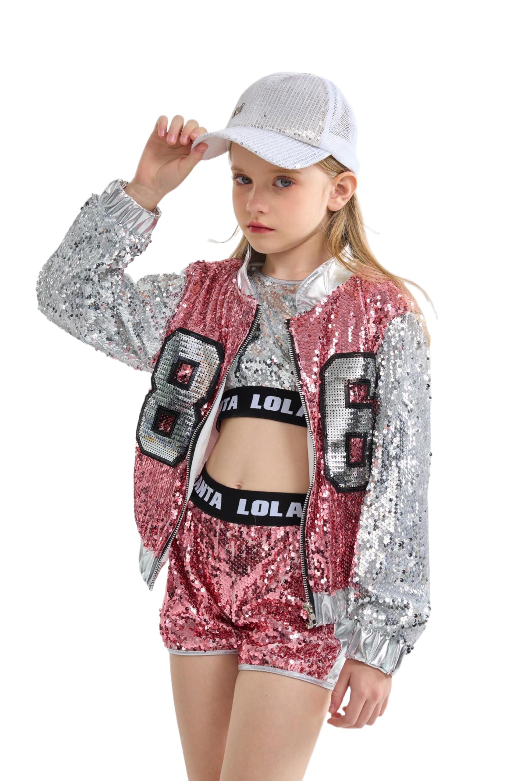 LOLANTA 4 piezas de niñas Hip Hop Dance Costume Kids Lentejuelas Jazz Dance Clothes Set calcetines adjuntos