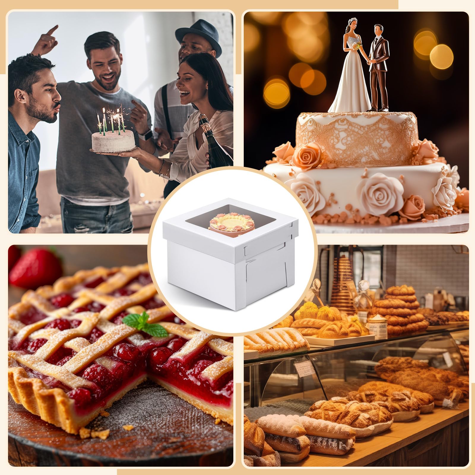 Kolldenn Paquete de 4 cajas para tartas de boda de 14 x 14 x 12 pulgadas con 4 cajas de tablas de pastel de cumpleaños con ventana para pasteles de nivel alto, tapas de soporte desechables