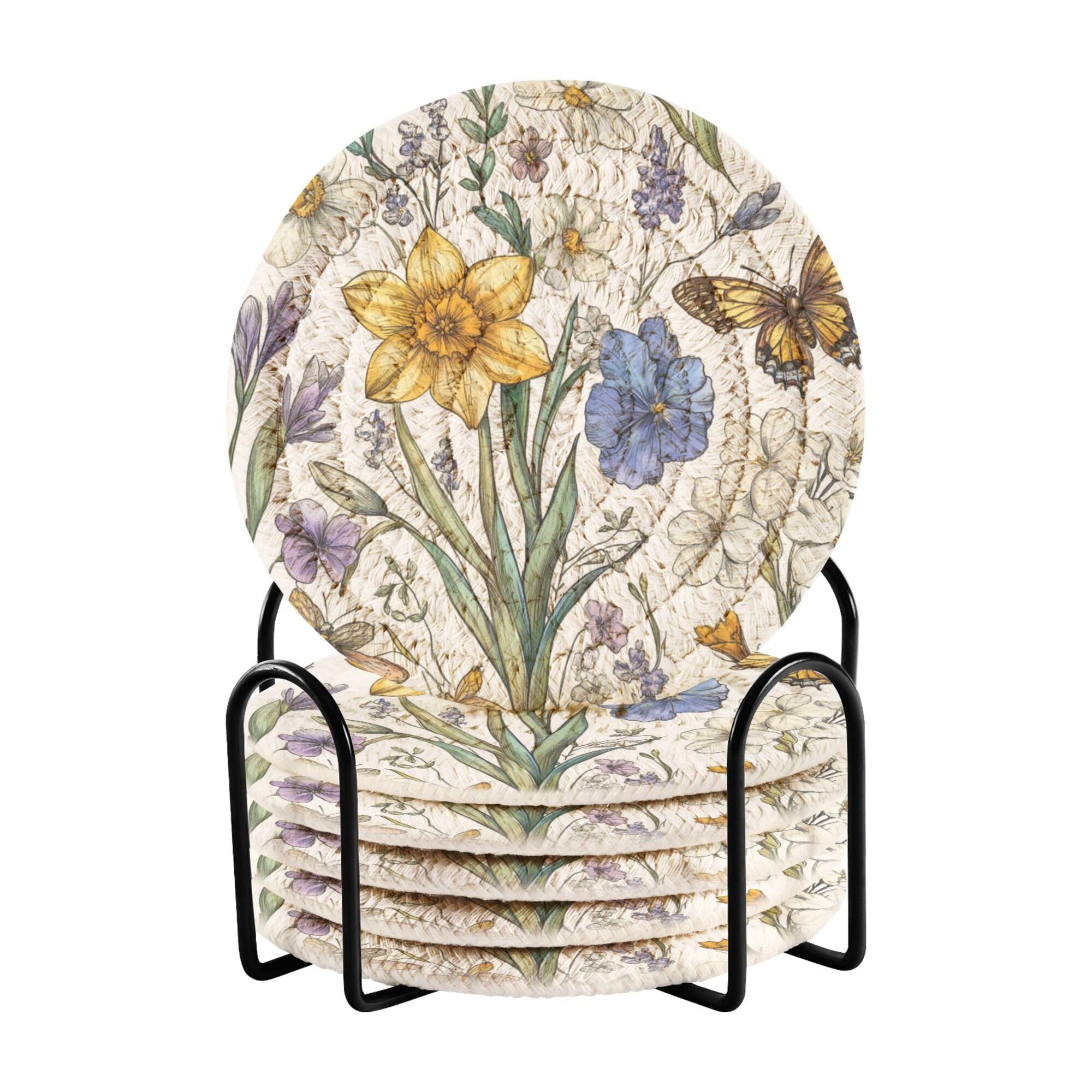Smazdfxx Women's As Pic Flowers Daffodils Violet Butterflies White Cotton Rope Absorbent Drink Coasters Set Of 6 With Holder