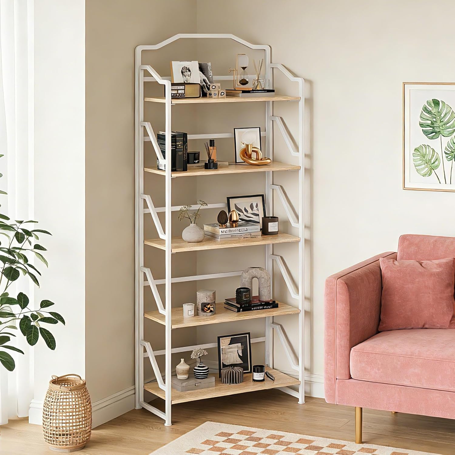 JSB 5 Tier No Assembly Folding Bookshelf, Foldable Storage Bookcase for Home Office, Space-Saving Storage Shelf for Living Room, Bedroom (White Oak, 5-Tier)