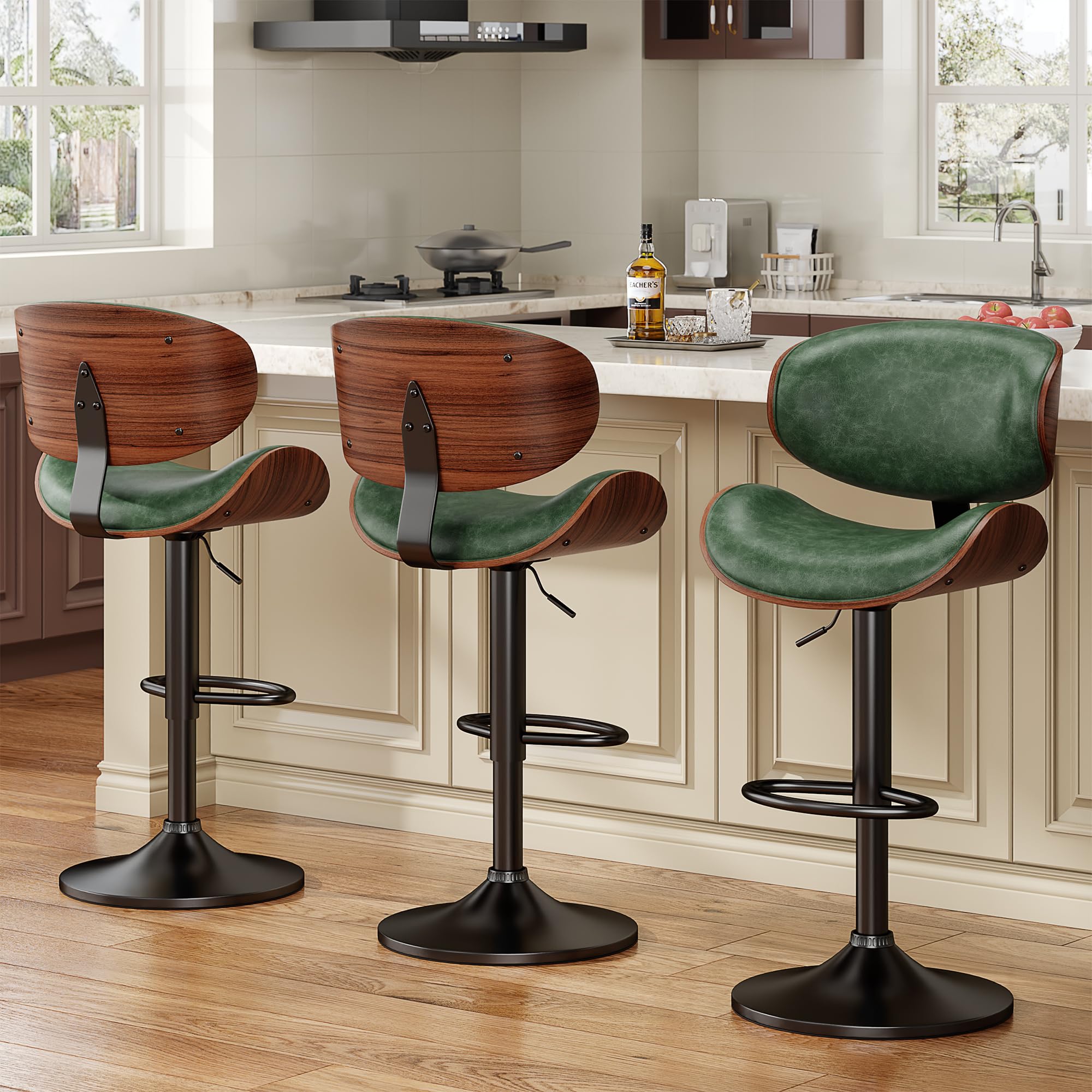 Bar Stools Set of 3, Bentwood Adjustable Height Swivel Bar Stools, PU  Leather Upholstered Bar Chair with Back and Footrest for Bar, Kitchen, Green - Main Image