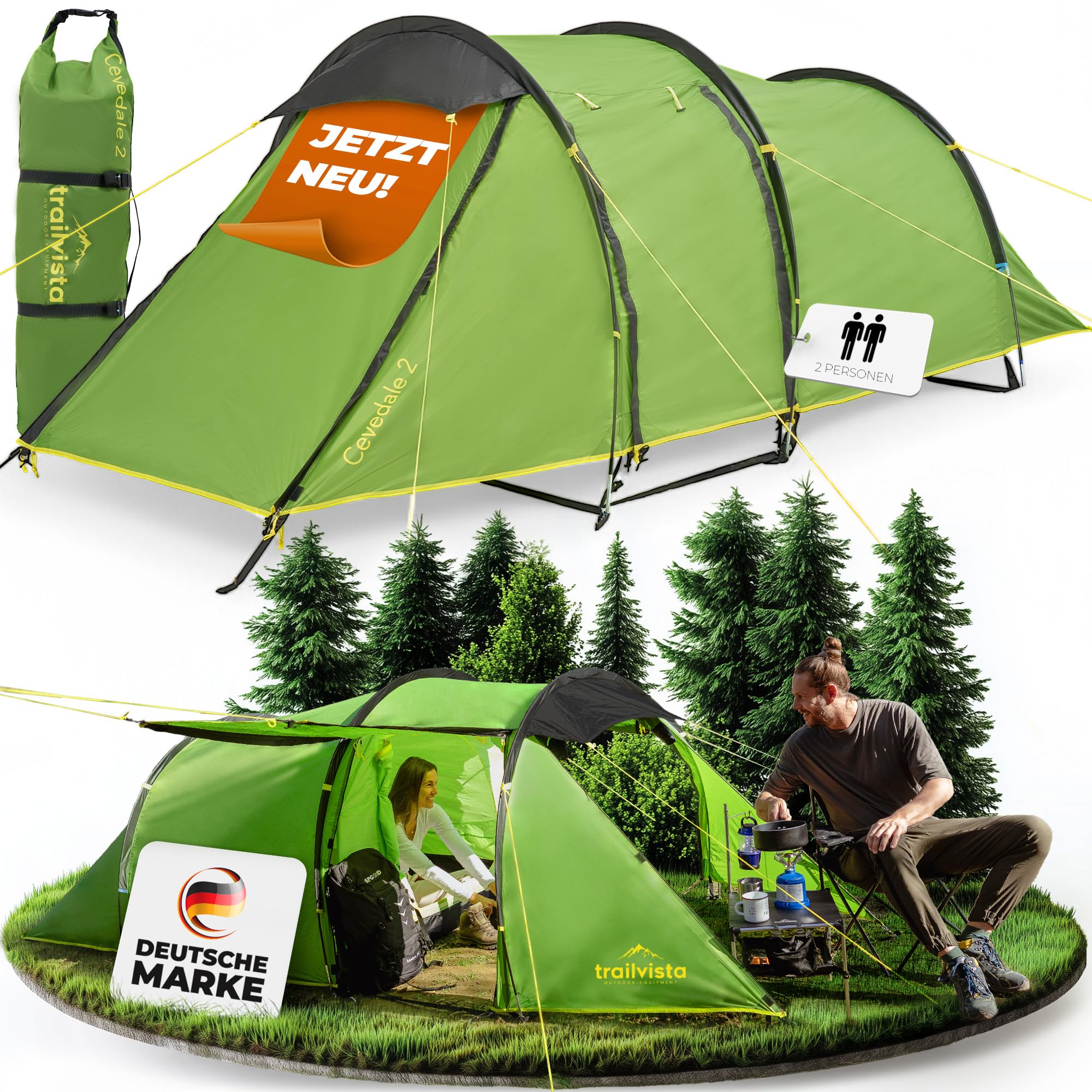 Tienda de campaña impermeable para 2 y 4 personas, tienda de campaña tipo túnel con toldo y protección contra mosquitos, tienda de campaña familiar ligera y estable, montaje rápido, tienda