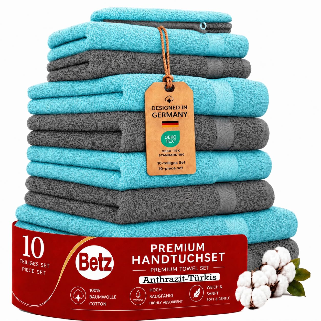 Betz set di 10 asciugamani Premium 100% cotone 2 teli doccia 4 asciugamani 2 asciugamani per ospiti 2 guanti da bagno colore turchese e antracide