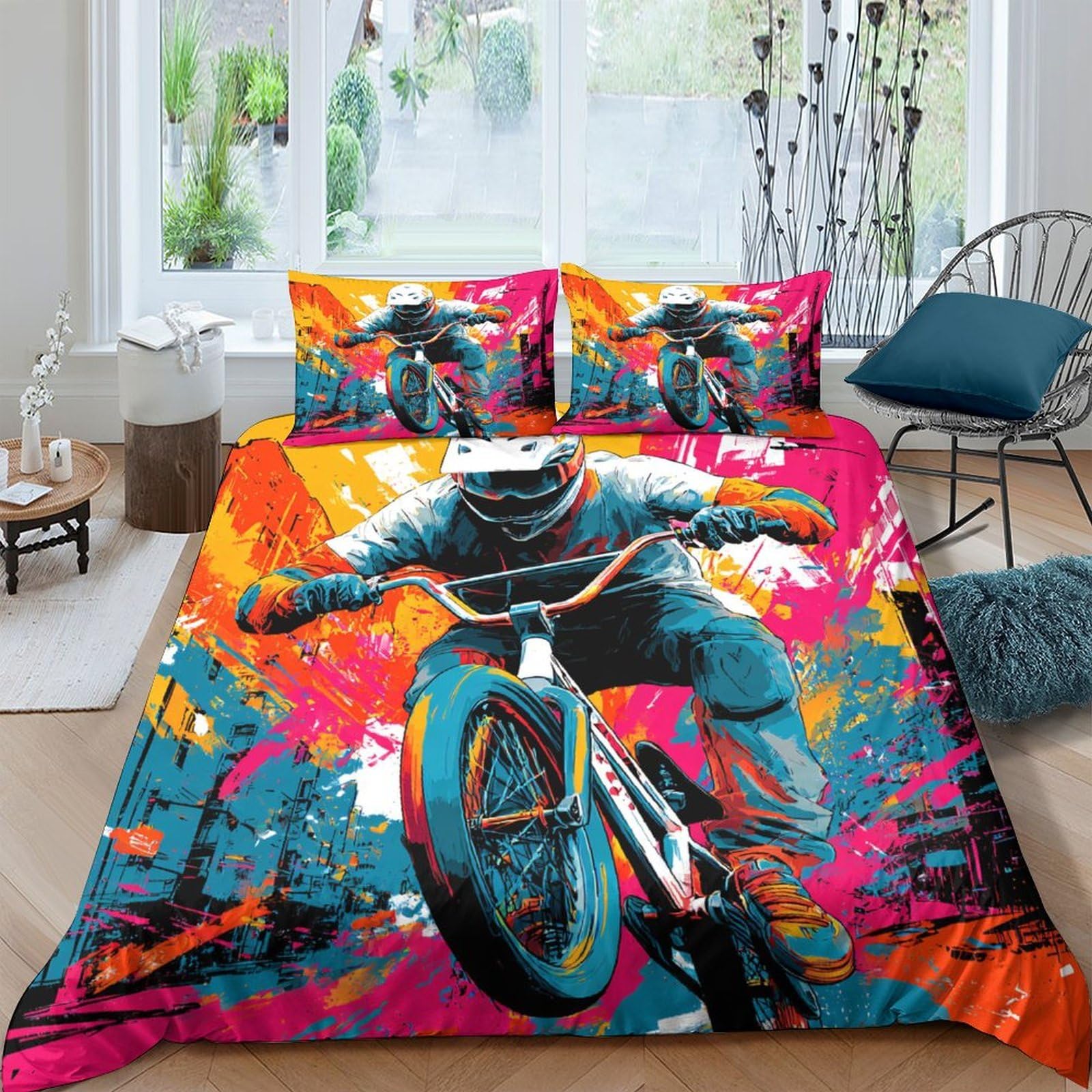 Ctjqhvkz Style-9 3D Printed Graffiti Bmx Fitted Sheet Microfiber Vibrant Urban Bike Mattress Cover Bedroom Decor Single（135X200cm）