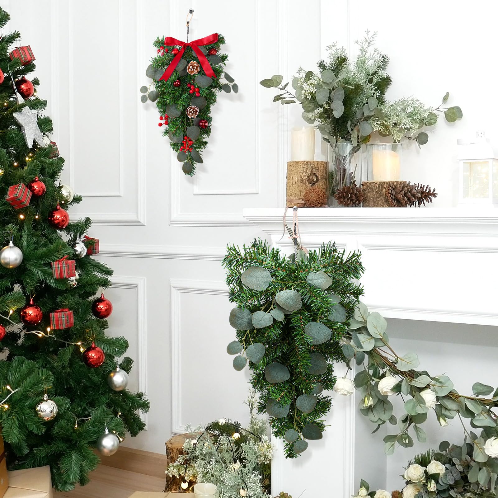 Zomiboo 8 guirnaldas de Navidad con eucalipto mixto de pino artificial, guirnalda de corona de Navidad, ramas de cedro, agujas de lágrima, para invierno para manto de Navidad