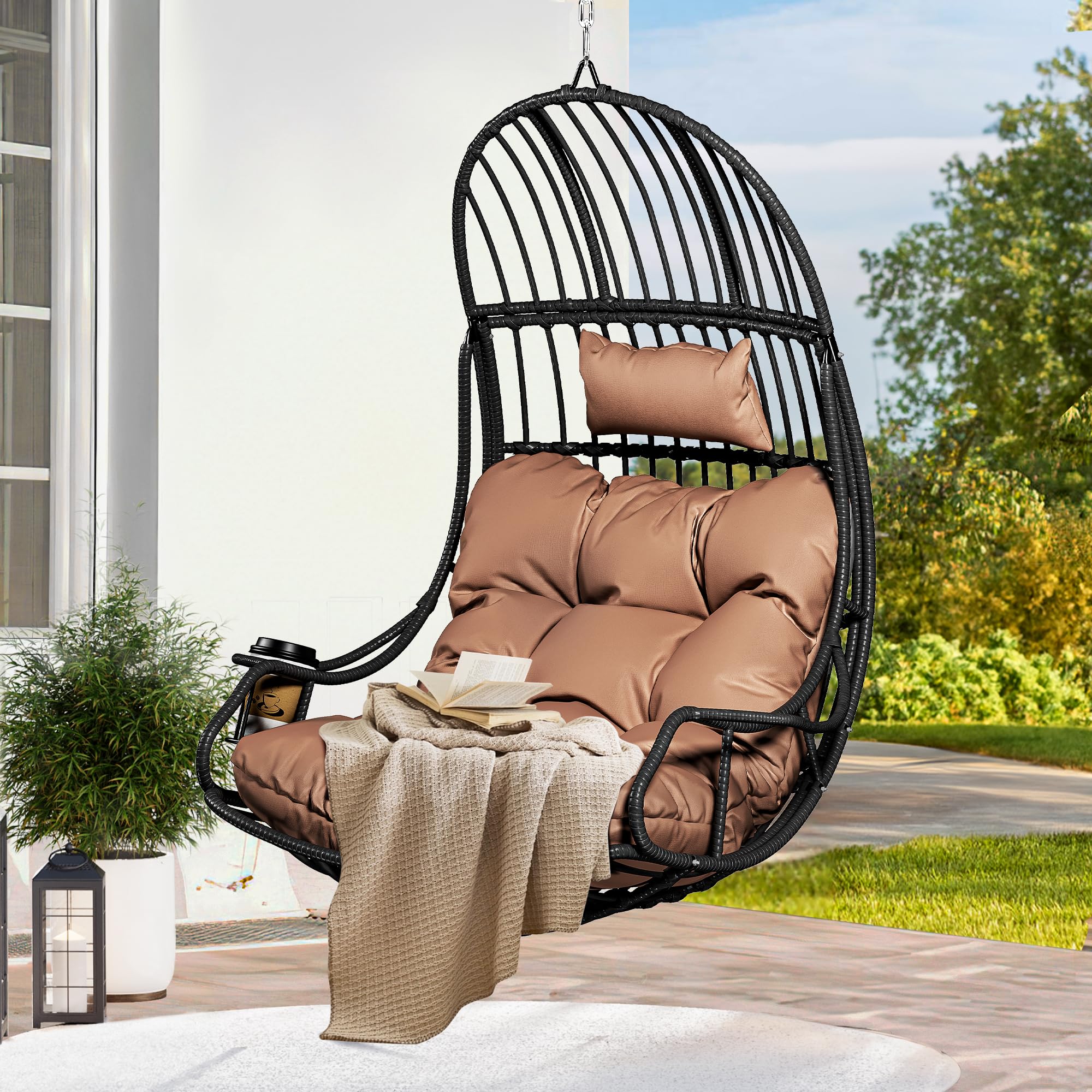 YITAHOME Chaise Suspendue Oeuf avec Coussin 150 kg, Fauteuil Hamac Suspendu Extérieur/Intérieur avec Porte-gobelet, Siège Pendentif en Rotin pour Jardin Terrasse Balcon Salon, Gris