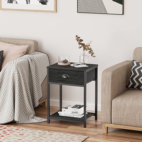Miniatura 6 de Juego de 4 mesitas de noche, mesa auxiliar industrial con cajón de tela y estante de almacenamiento, organizador de mesita de noche pequeño para
