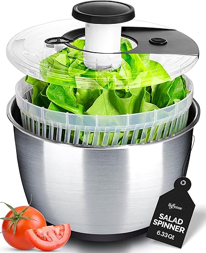 Molinillo de ensalada de acero inoxidable grande, herramienta de cocina fácil y compacta, cuenco de acero inoxidable, drenaje y colador, hilador de