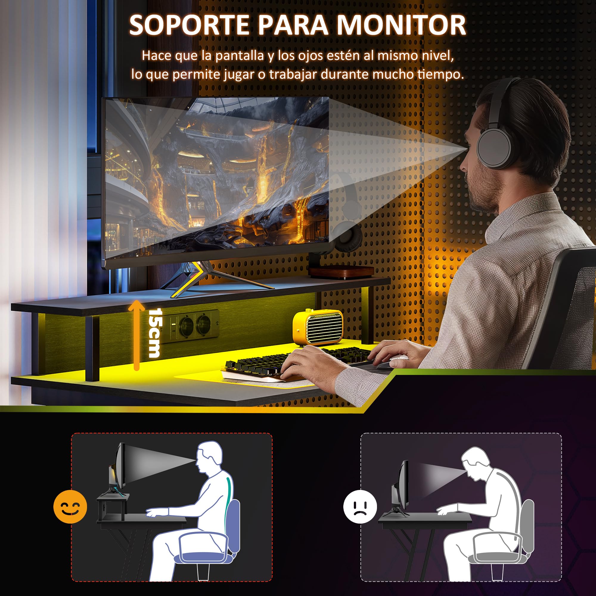 HOMCOM Mesa Gaming con Luces LED y Tomas de Corriente, 100x60 cm, Escritorio Gaming, Mesa Gamer con Soporte para Monitor, Estantes y Control Remoto, para Oficina, Estudio, Negro
