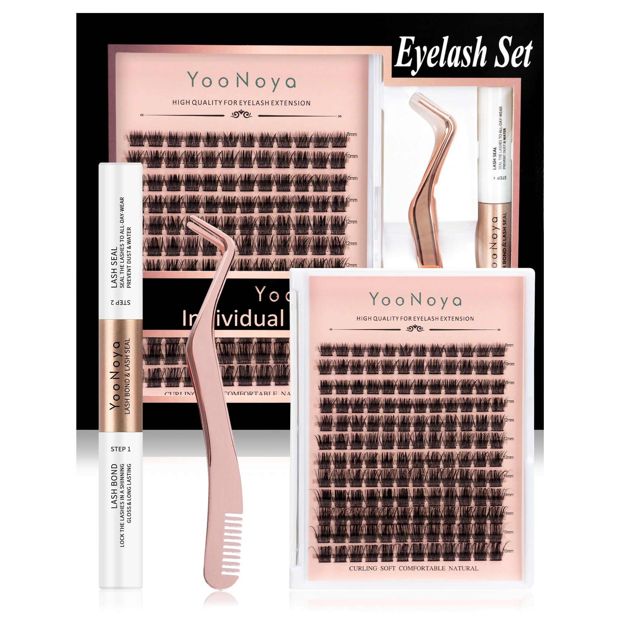 YOONOYA Pestañas Postizas Cluster Lash Kit, 144 Pcs 8-16mm Pelo a Pelo Kit de Lash Extensión, Clusters Eyelash Applicator Tool, Lashes pegamentol Super Hold, Easy to Apply at Home (QDQ-Kit-8-16mm-Mix)
