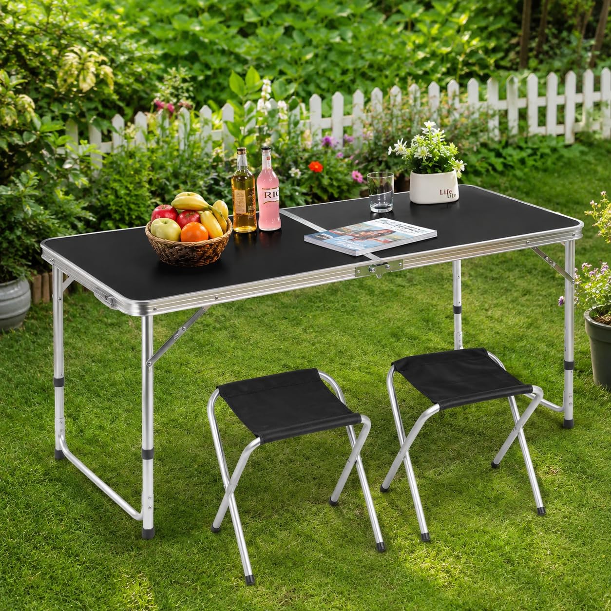 120 cm Folding Camping Table with 2 Chairs, Adjustable Height Aluminium Portable Picnic Table Set, Foldable Design for Outdoor, Garden, BBQ, Beach & Travel-image-33