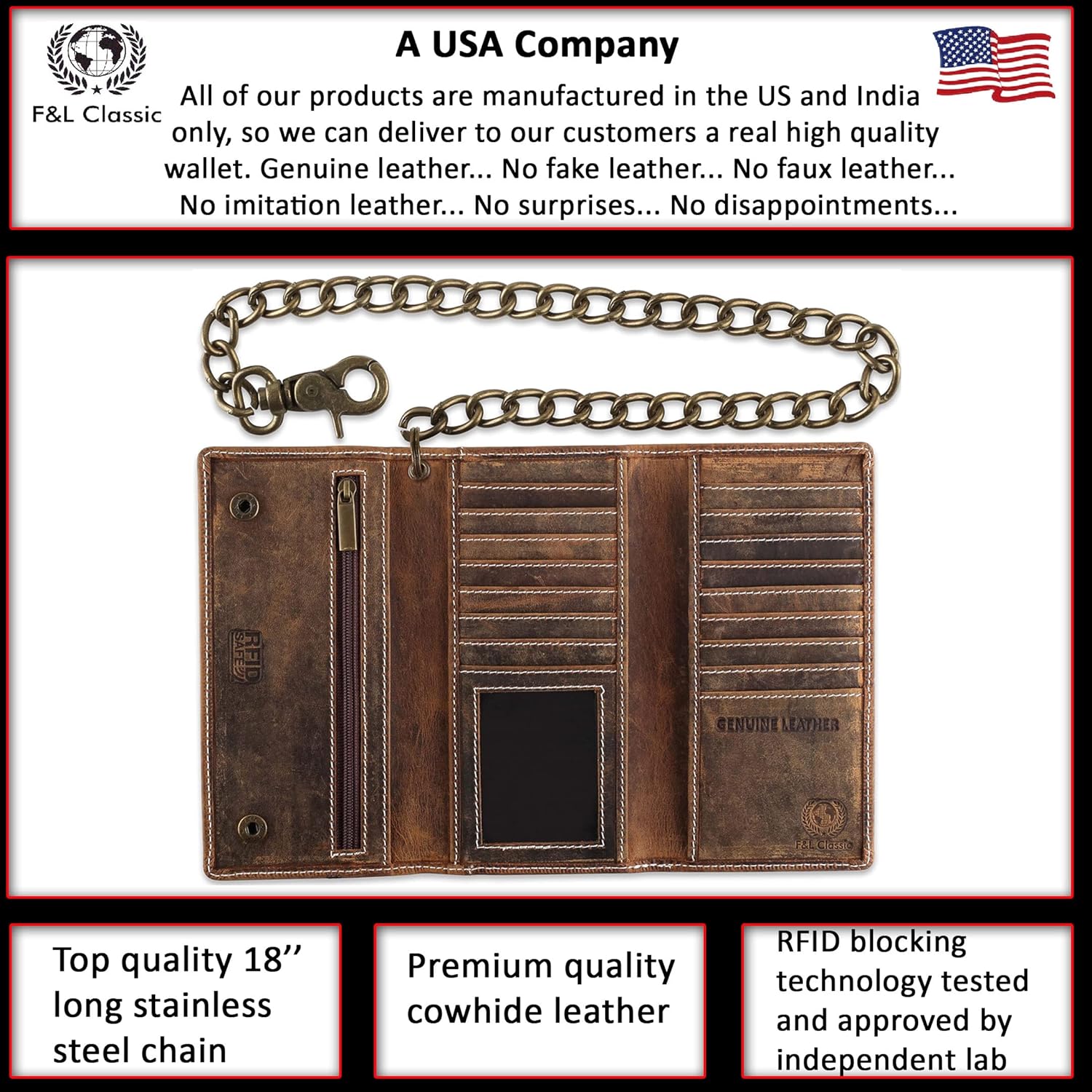 F&L CLASSIC Chain Wallets for Men buffalo premium leather RFID blocking long style Tri-fold for Trucker, bikers, vintage look,buff hunter White stitching,212 - Image 2