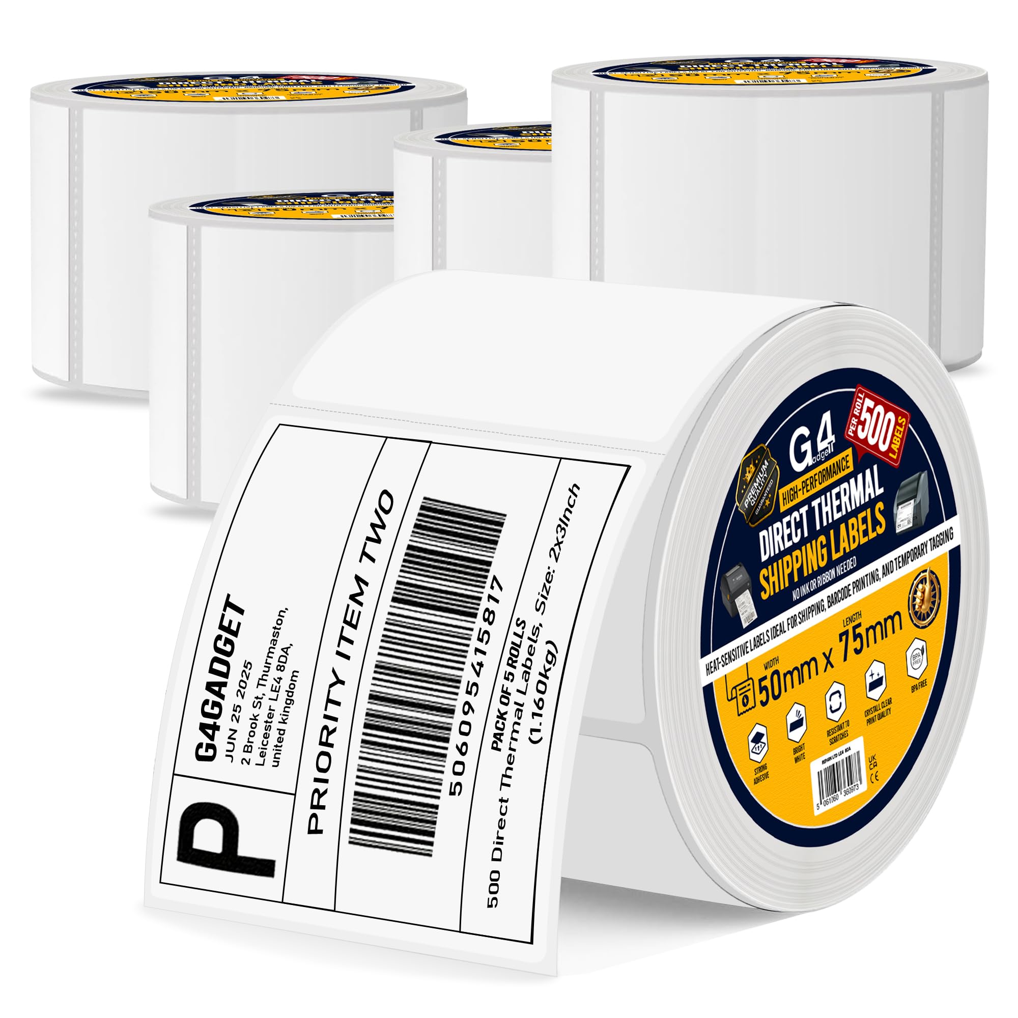 G4GADGET 5 Rolls Writable White Labels – 500 Stickers Per Roll – 2500 Total – 50x75mm Blank Adhesive Stickers for Packaging, Office Use, and Daily Storage Needs