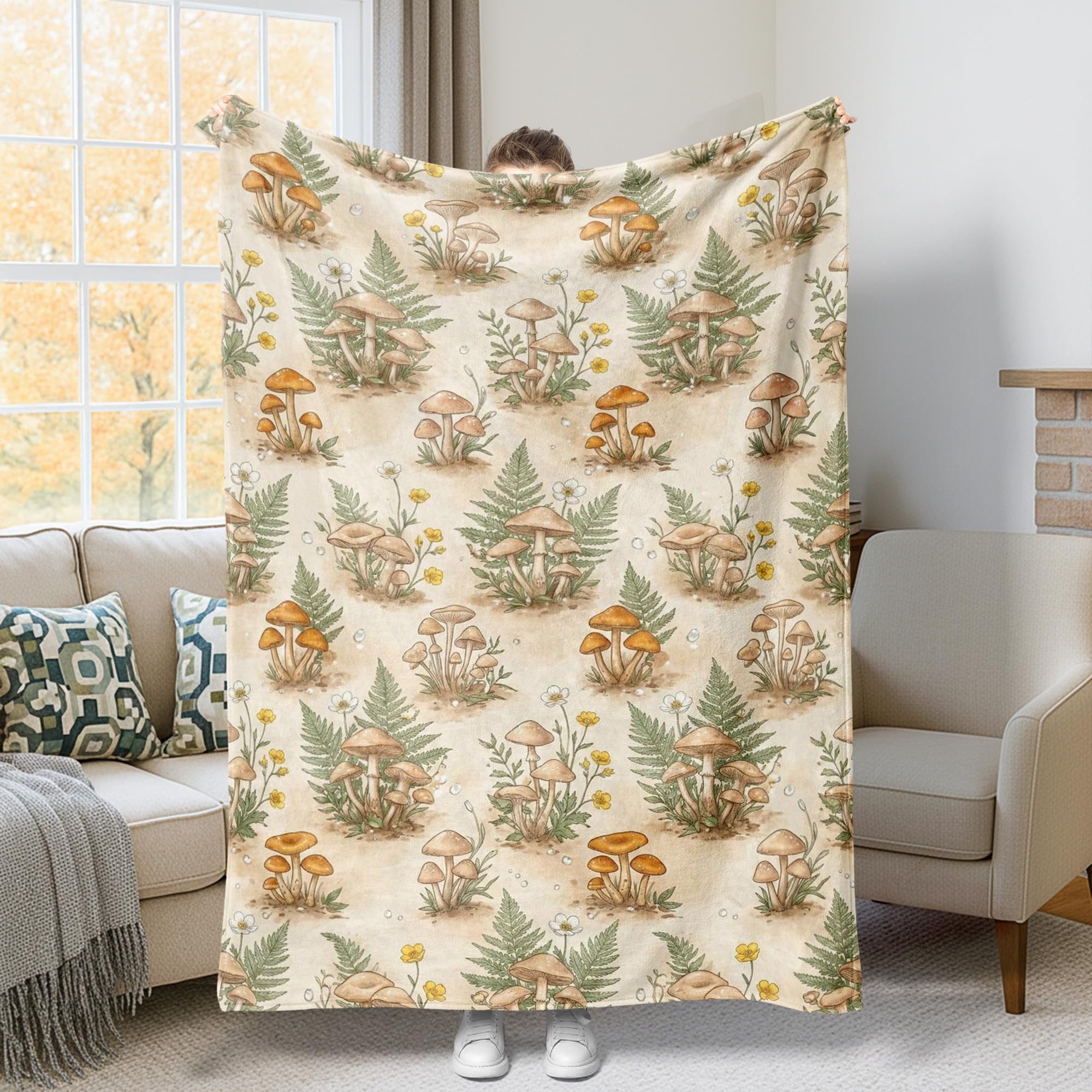 Jeté en fourrure marron avec motif champignons et fleurs rustiques 127 x 152 cm