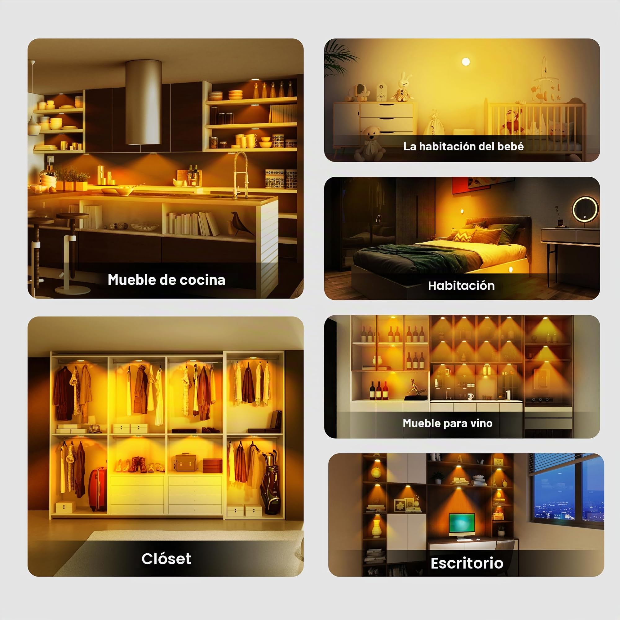 Luz LED inalámbrica con control remoto, 3 temperaturas de color regulables debajo del gabinete, luz de armario, iluminación recargable debajo del mostrador, luces adhesivas para bar, pasillo