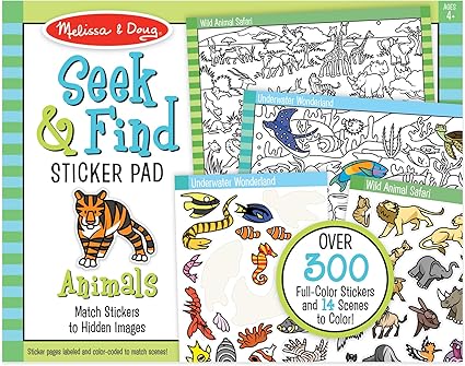 Melissa & Doug Seek and Find Sticker Pad, Animals (400+ Stickers, 14 Scenes to Color) Search and Find Sticker Pads, Arts and Crafts Activity for Kids Ages 4+ - FSC-Certified