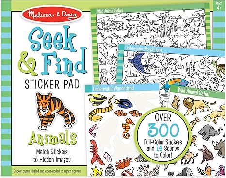 Melissa & Doug Seek and Find Sticker Pad, Animals (400+ Stickers, 14 Scenes to Color) Search and Find Sticker Pads, Arts and Crafts Activity for Kids Ages 4+ - FSC-Certified
