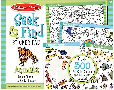 Melissa & Doug Seek and Find Sticker Pad, Animals (400+ Stickers, 14 Scenes to Color) Search and Find Sticker Pads, Arts and Crafts Activity for Kids Ages 4+ - FSC-Certified