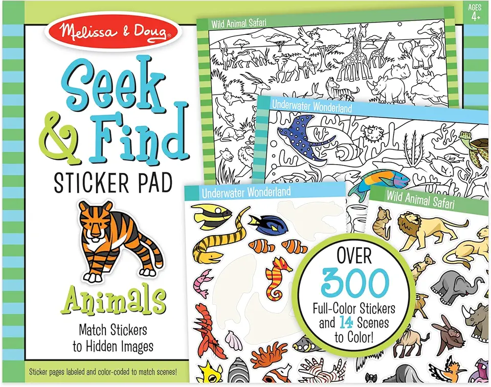 Melissa &amp; Doug Seek and Find Sticker Pad, Animals (400+ Stickers, 14 Scenes to Color) Search and Find Sticker Pads, Arts and Crafts Activity for Kids Ages 4+ - FSC-Certified
