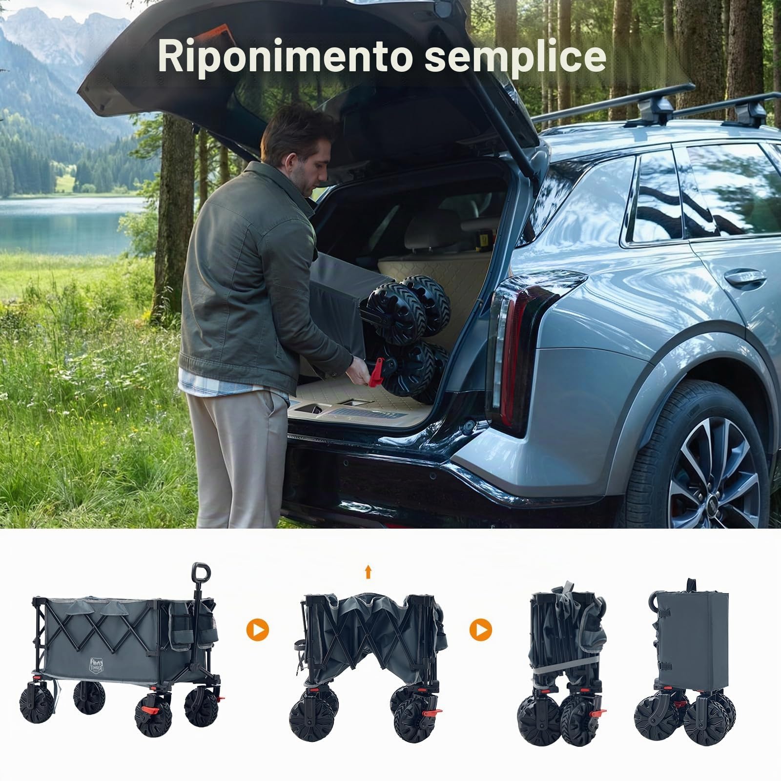 TIMBER RIDGE Carrello pieghevole XXL, 250 L, larghezza con freni, carico 150 kg, con portabevande per campeggio, shopping, giardino