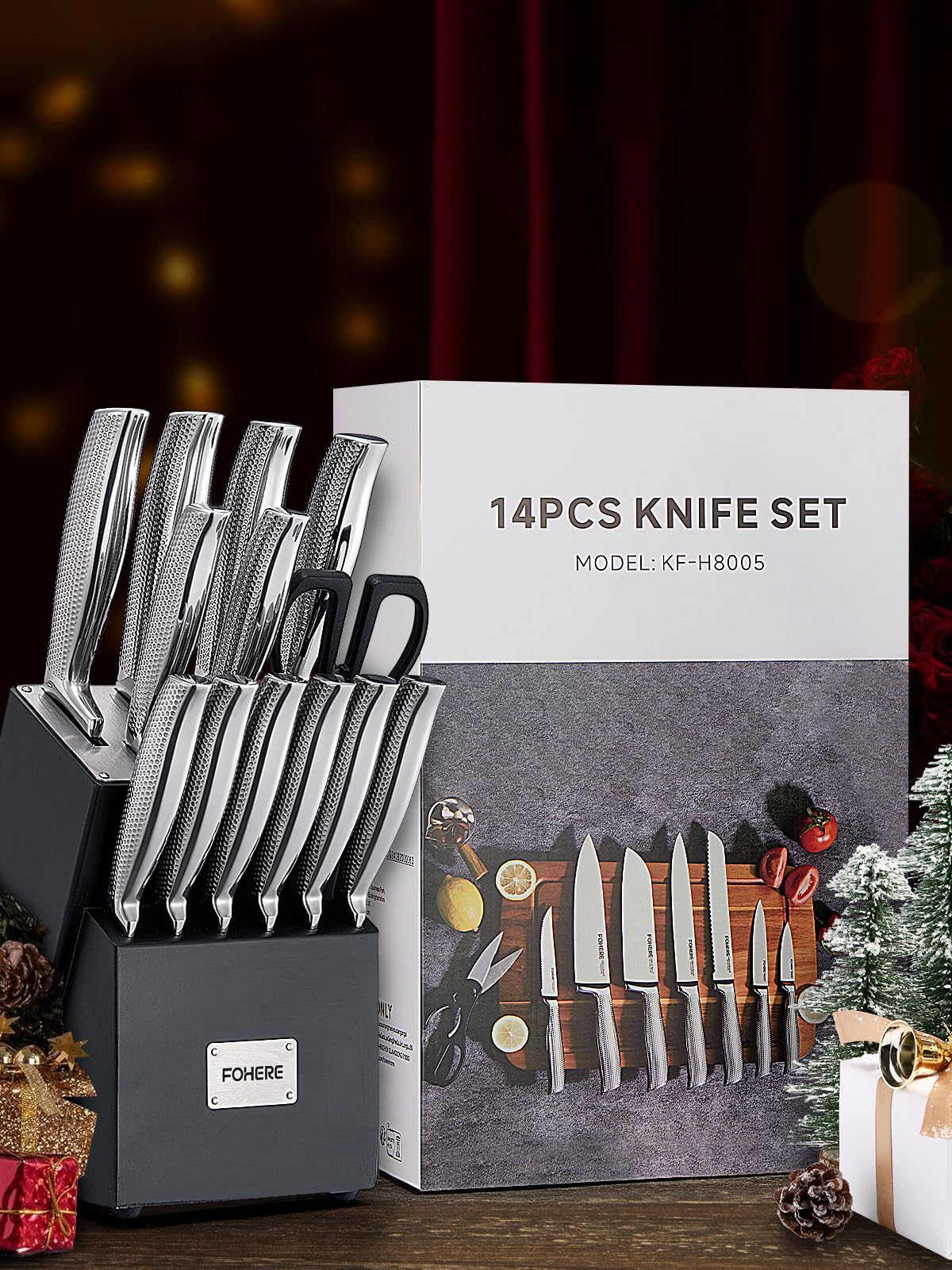 FOHERE Juego de Cuchillos de Cocina, 14 piezas Juego de Cuchillos con Tecnología Avanzada de Autoafilado, Bloque de Cuchillos con Mango Ergonómico y Acero Inoxidable