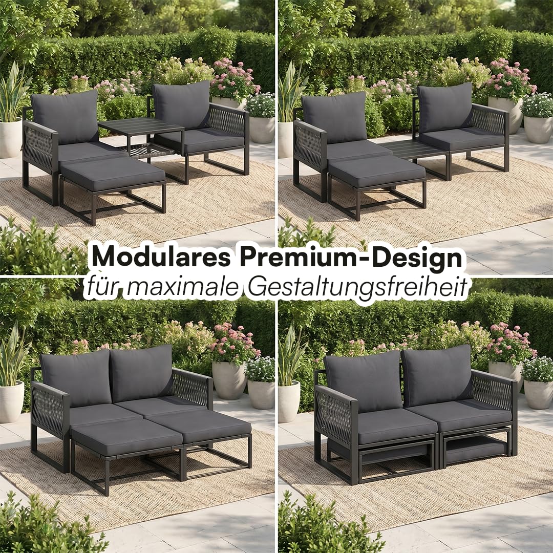 STEELSØN Tyranis Gartenmöbel Set Outdoor 4-TLG inkl. Tisch mit Ablage & Hocker – multifunktionales Balkonmöbel Set mit 6 Kissen – Sitzgarnitur Sessel für 4 Personen – dick gepolstert – Metall schwarz