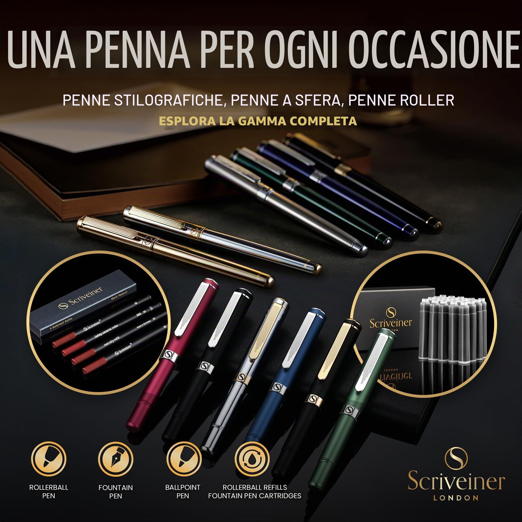 Scriveiner Midnight Blue Rollerball Pen, Laccata Blu Notte, Decori Cromati, Refill