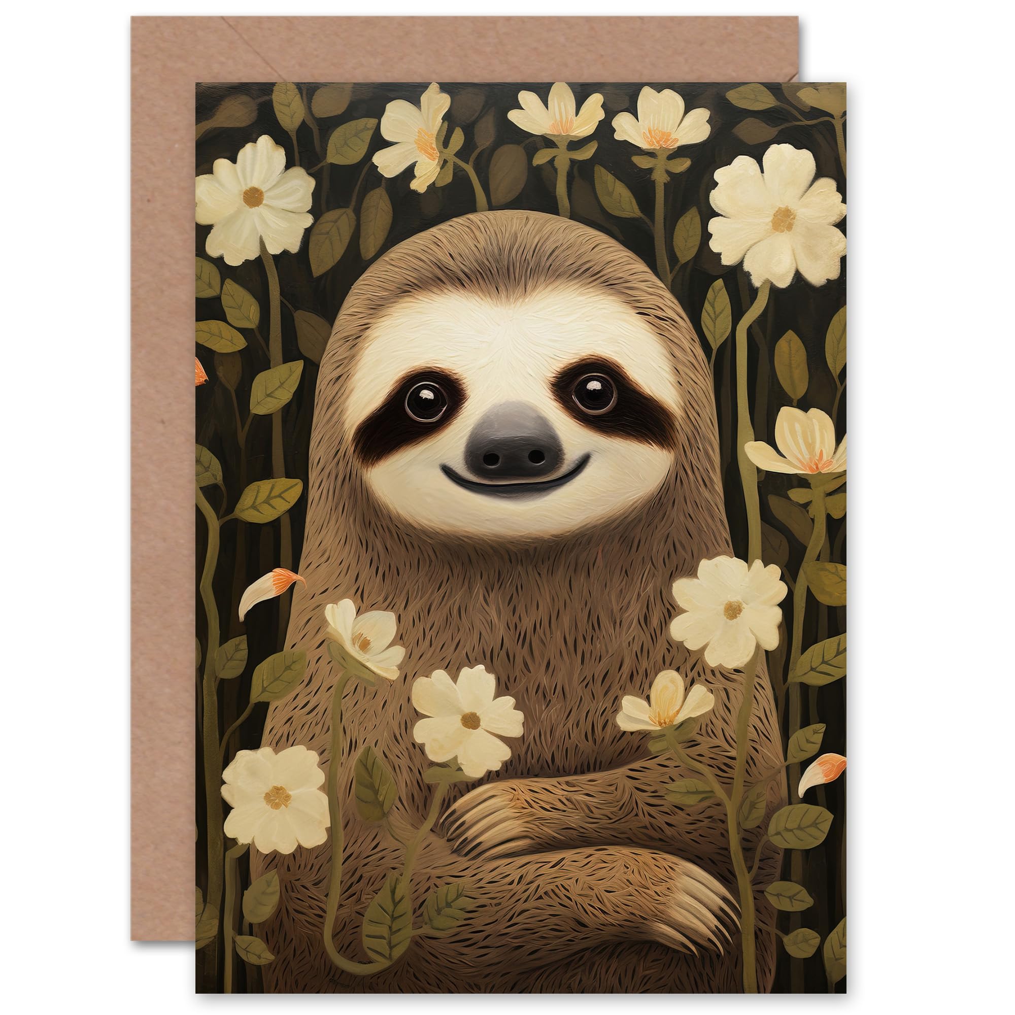 Artery8 Sloth with Jasmine and Anemone Flowers for Wife Her Mum Sister Daughter Mom Gran Nan Birthday Thank You Get Well Soon Blank Art Greeting Card