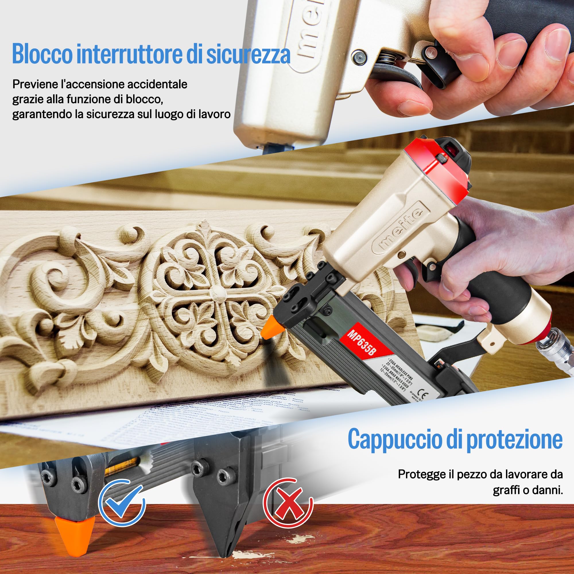 meite MP635B Chiodatrice Pneumatica a Spillo 23GA, Pistola ad Aria per Chiodi Micro da 12–35 mm, Ideale per Pannellature, Rifiniture Sottili, Modanature e Lavori di Artigianato