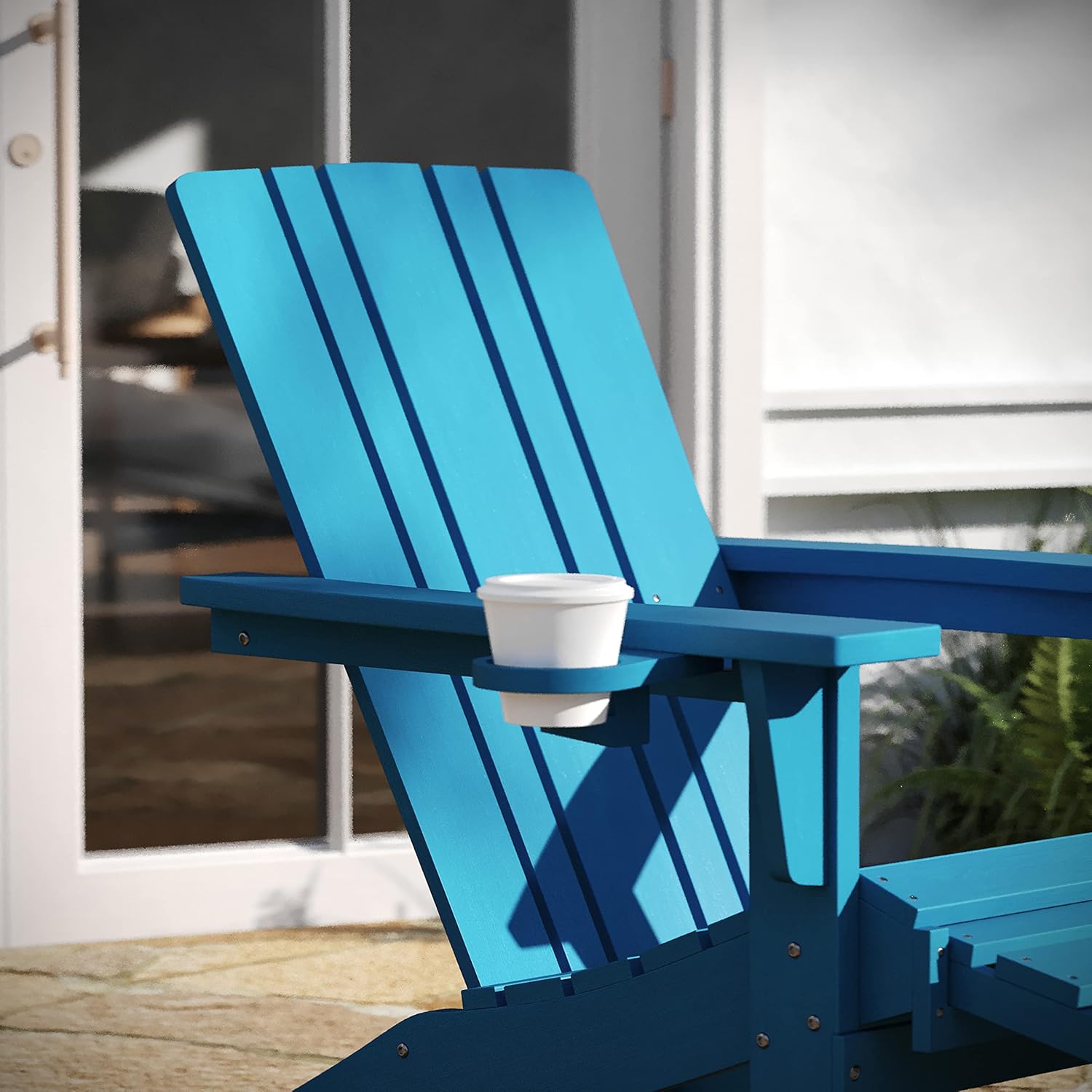 Taylor & Logan Hedley Adirondack Chair with Cup Holder and Pull Out Ottoman, All-Weather HDPE Indoor/Outdoor Lounge Chair in Blue