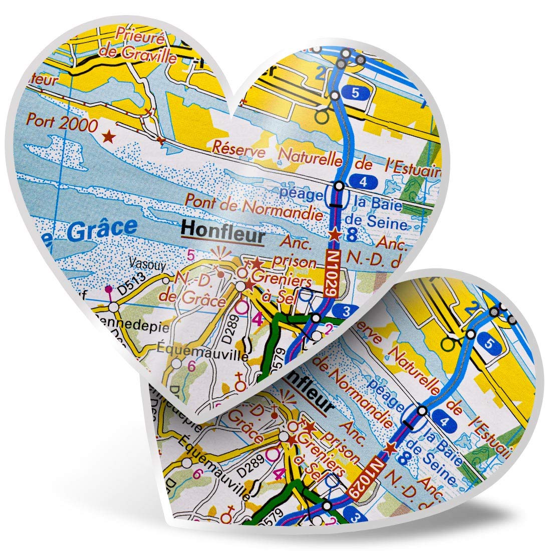 Destination Vinyl Ltd Multi 2 X 7.5Cm Heart Stickers - Honfleur City France French Travel Map Decals 45351