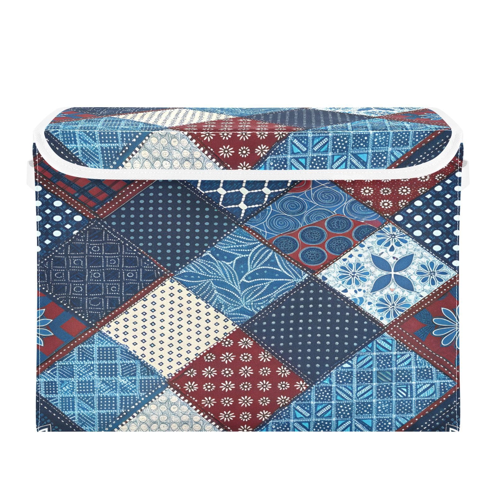 Ewusp Ethnic Printing Fabric Storage Bin with Lid, Decorative Foldable Storage Basket with Handles, Stackable Closet Shelf Organiser Box for Clothes, Books, Bedroom, Living Room