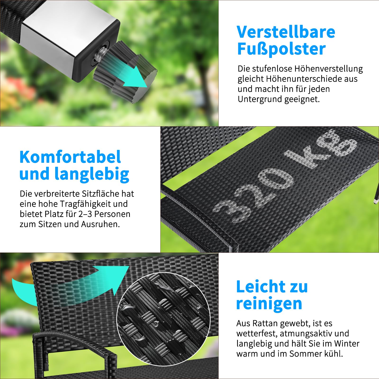 LIFERUN Gartenbank Rattan, Polyrattan Sitzbank Wetterfest, 2 Sitzer Balkon Bank, 320kg Belastbar, 122x60x85cm, Gemütliche Gartenmöbel Bank, Parkbank, Einseitiges Rattan, Sitzbank Outdoor, Schwarz
