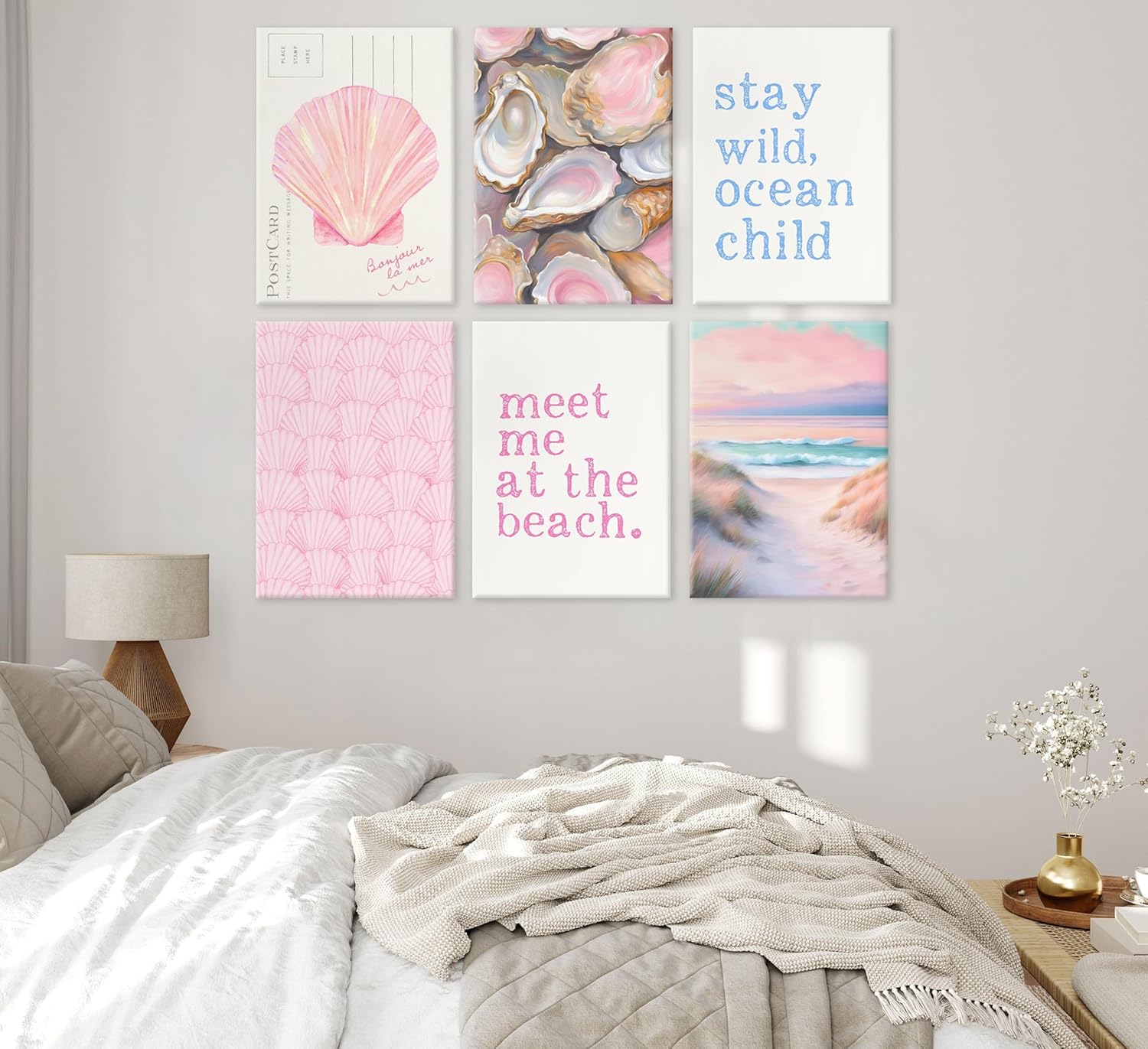 Pink Beach Preppy Canvas Wall art Coastal Granddaughter Aesthetic Room Painting Picture Wall Decor Shells Oyster Poster Print Artwork for Girls Room Girls Dorm Home Decoration