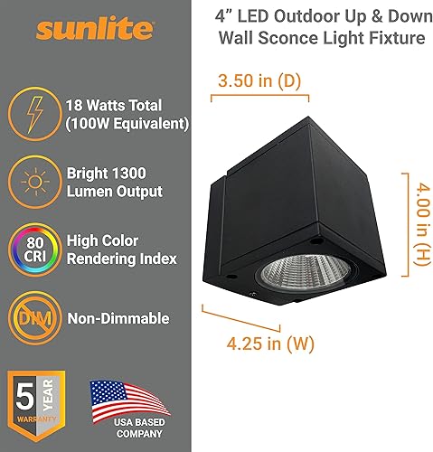 Miniatura 2 de Sunlite 81299 - Aplique de pared LED cuadrado de 4 pulgadas para exteriores hacia arriba y abajo, 18 vatios (equivalente a 100 vatios), 1300