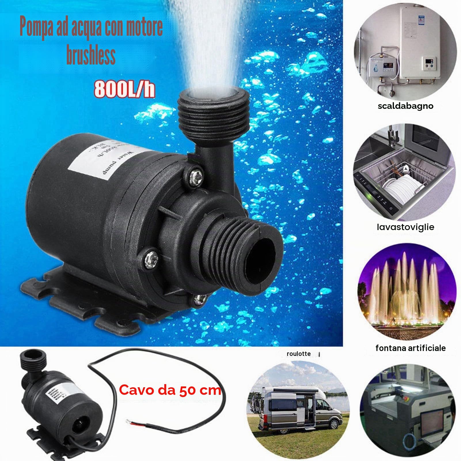 Kit Pompa Acqua Solare Pompa per Stagno Solare 800L/h 12V DC Pompa per Fontana Solare, Alimentazione da Pannello Solare, Ambito di Applicazione: Casa, Auto e Barca, Fontana da