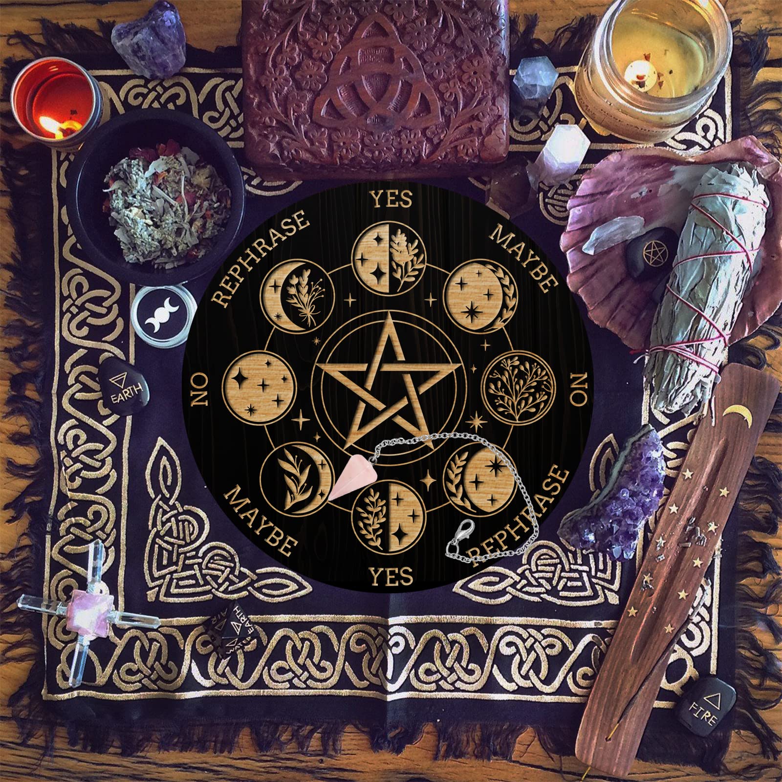 Tabla De Péndulo De Adivinación Sí/No – Base De Madera Con Grabados Místicos – Ideal Para Meditación, Trabajo Energético Y Lectura De Tarot – Altura 31,6 Cm