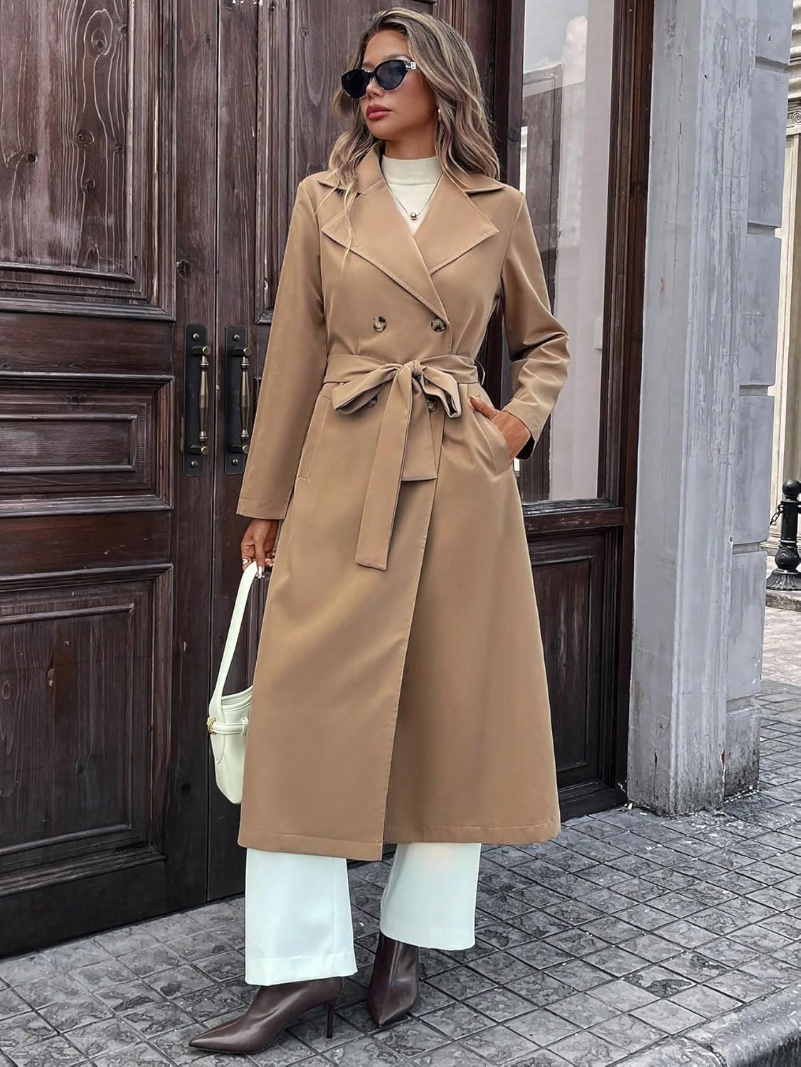 Womens Winter Pocket Solid Color Double BreastedLong TrenchCoat Regular Sleeve Long coat