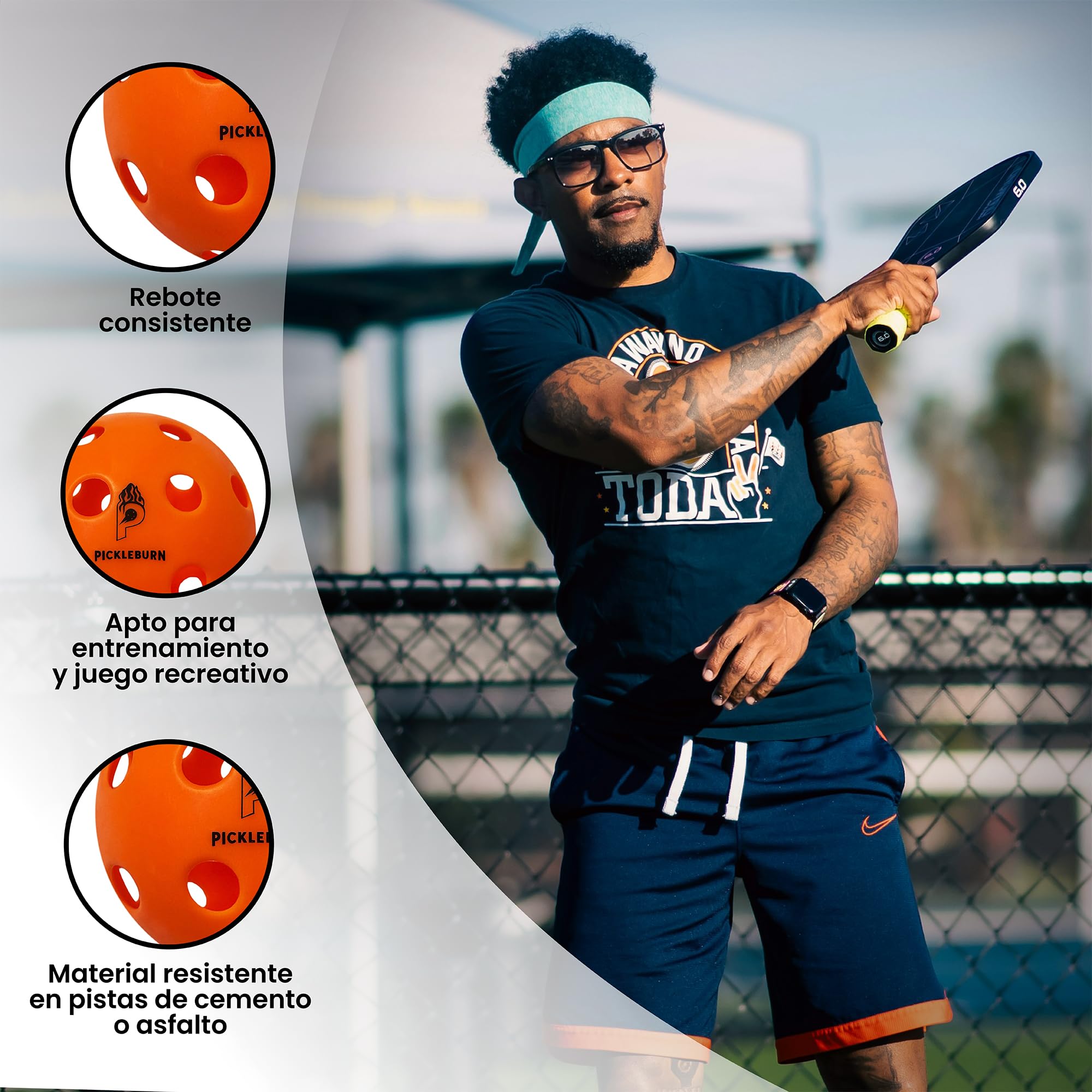 BurnCourt 40 - Bolas Pickleball Naranja Neón Pack de 6 Pelotas para Juego Exterior Outdoor 40 Agujeros Rebote Alto y Preciso con Bolsa y Pickers para Todos los Niveles
