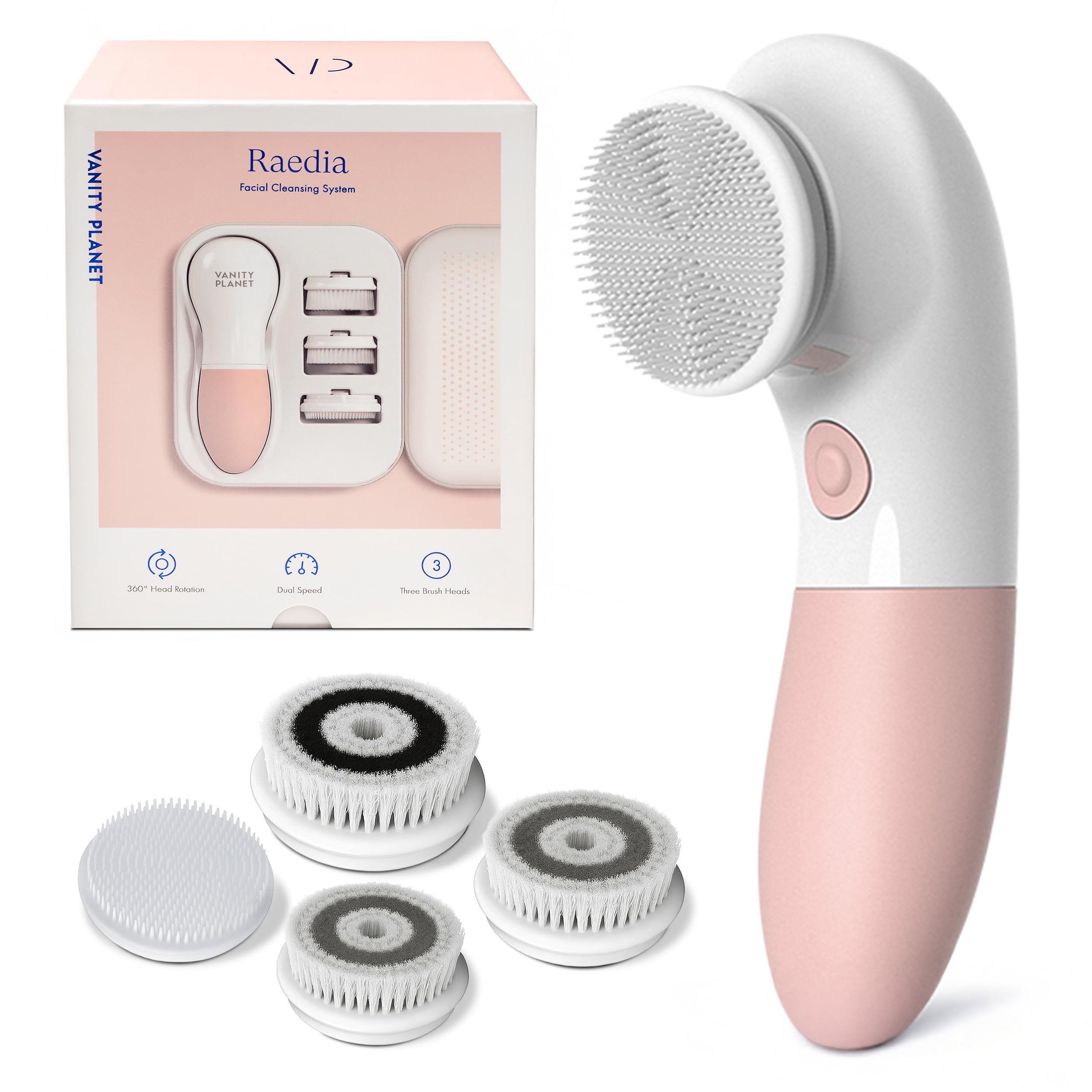 Vanity Planet (Dusty Pink) - Raedia Facial Cleansing Brush with 3 Interchangeable Brush Heads - Daily Cleansing Glowing Skin Lightweight Skin Brush Face Exfoliator Water Resistant (Dusty Pink)