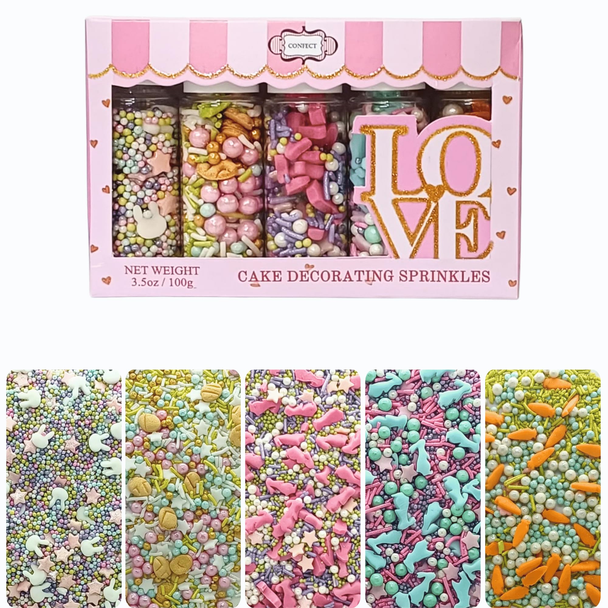 Confect Spring Sprinkles | Assorted pack of 5 Pink, White, and Blue Bunny Sprinkles | Vermecelli, Pearls & Stars Sprinkles I Edible Sprinkles for Baking & Cake Decoration -3.5 Oz