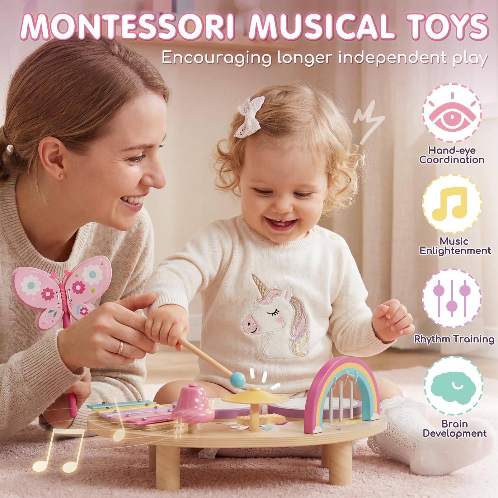 Lehoo Castle Montessori Juguetes 1-3 Niños, Bebe Tambor Bateria Infantil, 9 IN 1 Instrumentos Musicales Brinquedos Juguetes de Mader Regalo Brinquedos Niño Niña 2 3 4 5 Años (Unicornio)