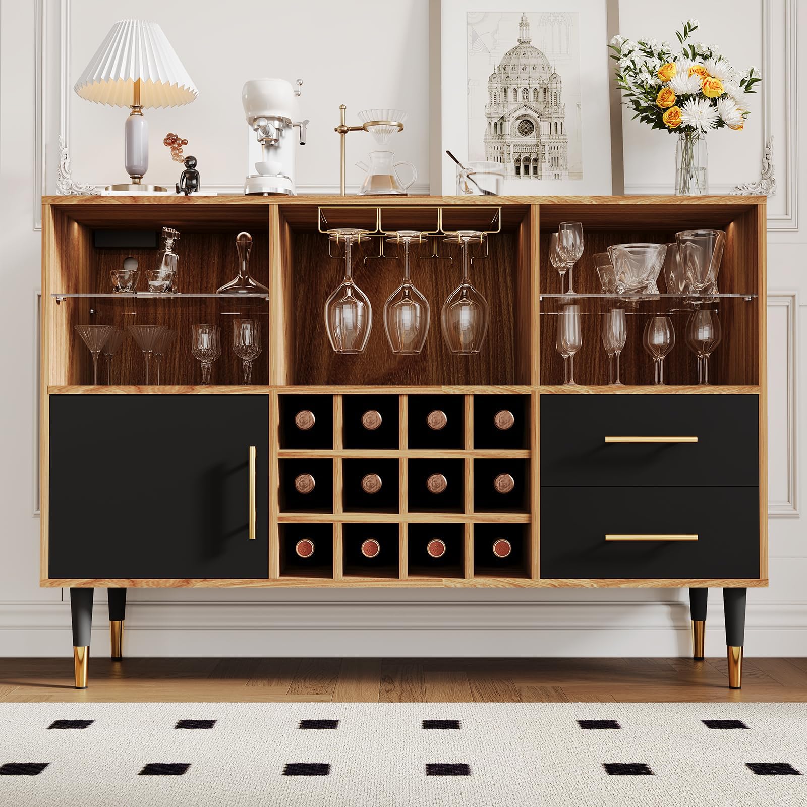 47" Bar Cabinet with LED Lights &amp; Charging Station, Freestanding Liquor Cabinet with for Living Room, Decorative Kitchen and Living Room Compact Wine Bottle Storage for Living Room, Brown